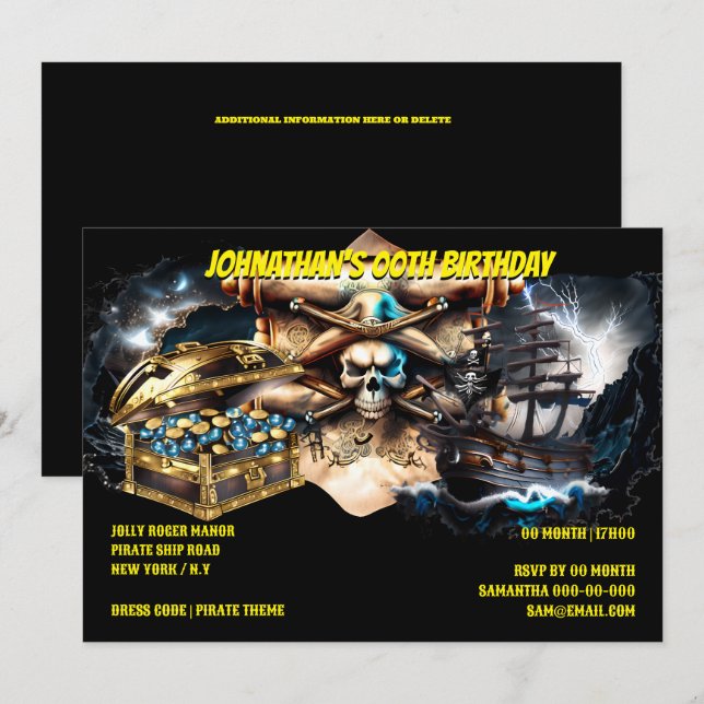 Pirate ship skull crossbones treasure chest invitation (Front/Back)