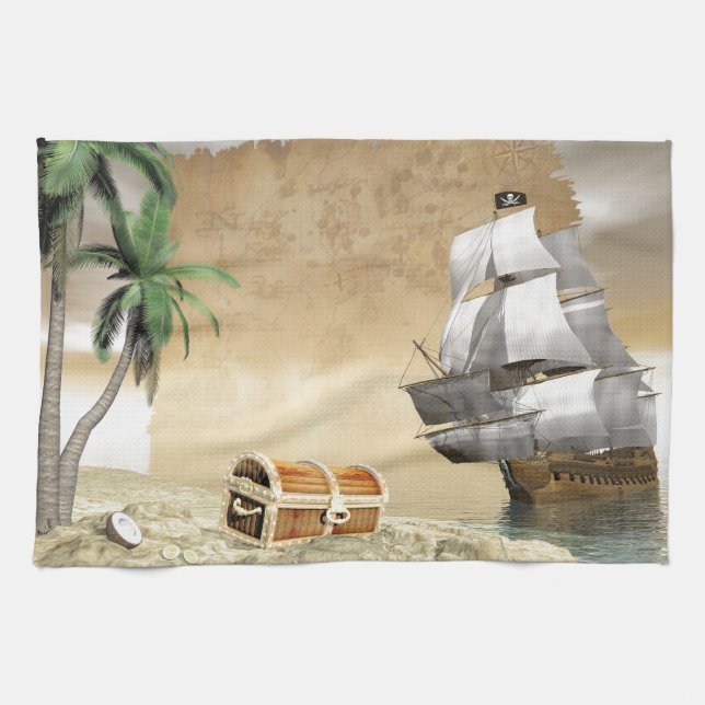 Pirate ship that discovers a treasure kitchen towel (Horizontal)