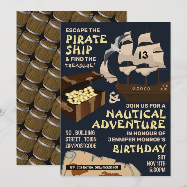 Pirate Ship Theme, Escape Room, Birthday Party Invitation (Front/Back)