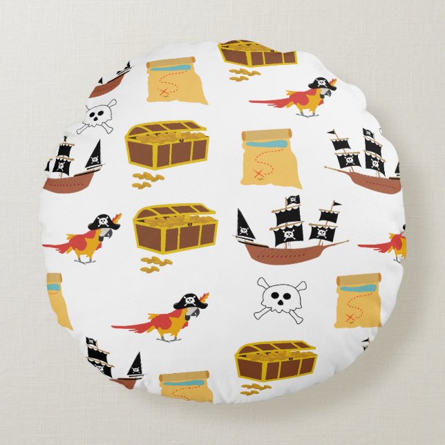 Pirate Ship Treasure Chest Theme Pattern Round Pillow (Front)