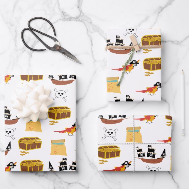 Pirate Ship Treasure Chest Theme Pattern Wrapping Paper Sheet (Front)