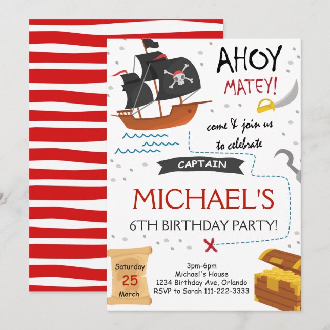 Pirate Ship Treasure Map Birthday Invitation (Front/Back)