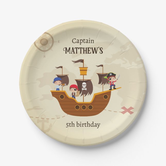 Pirate Ship Treasure Map Kid's Birthday Party Paper Plate (Front)