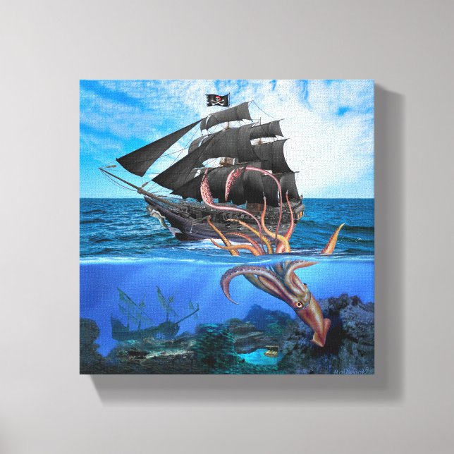 Pirate Ship vs The Giant Squid Canvas Print (Front)