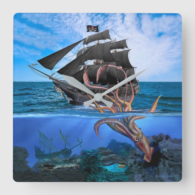 Pirate Ship vs The Giant Squid Square Wall Clock (Front)