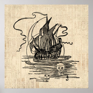 Pirate Ship with Skulls Vintage Pirate Art Poster