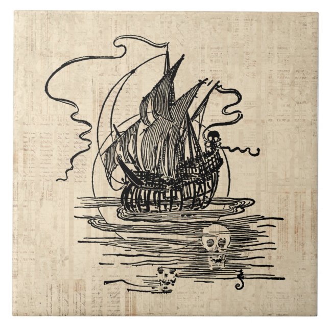 Pirate Ship with Skulls Vintage Pirate Art Tile (Front)