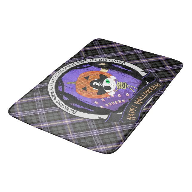 Pirate skeleton cat and plaid  bath mat (Angled)