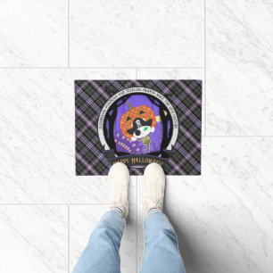 Pirate skeleton cat and plaid doormat