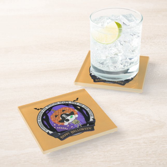 Pirate skeleton cat glass coaster (Angled)