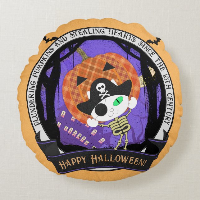 Pirate skeleton cat round pillow (Front)