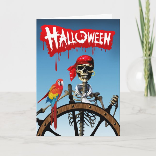 Pirate Skeleton Sailor with Macaw Halloween Party Card (Front)