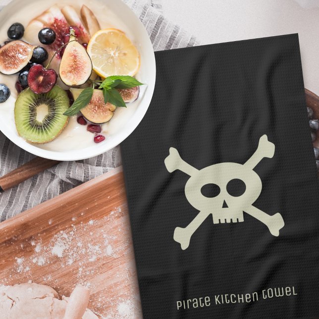 Pirate Skull and Crossbones Black Kitchen Towel (Yarr! Add yer name to this cute skull and crossbones kitchen towel.)