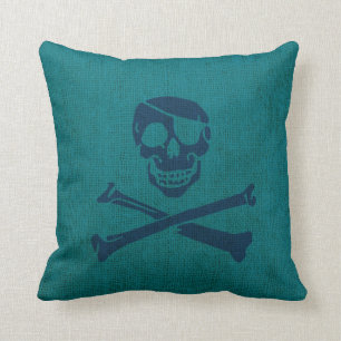 Pirate Skull and Crossbones in Ocean Green Blue Throw Pillow