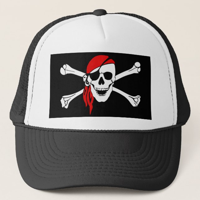 Pirate Skull and Crossbones with Red Bandana Trucker Hat (Front)