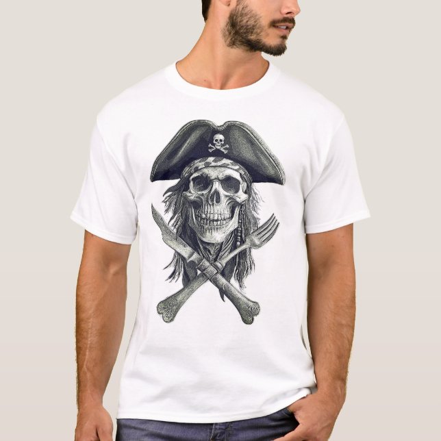 Pirate Skull B&W w/Crossed Knife and Fork T-Shirt (Front)