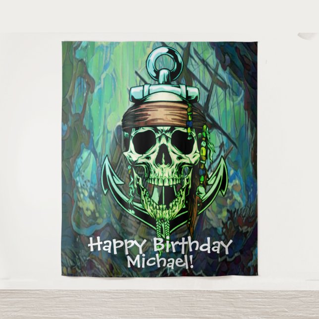 Pirate Skull Birthday Ghost ship Backdrop Tapestry (Front)