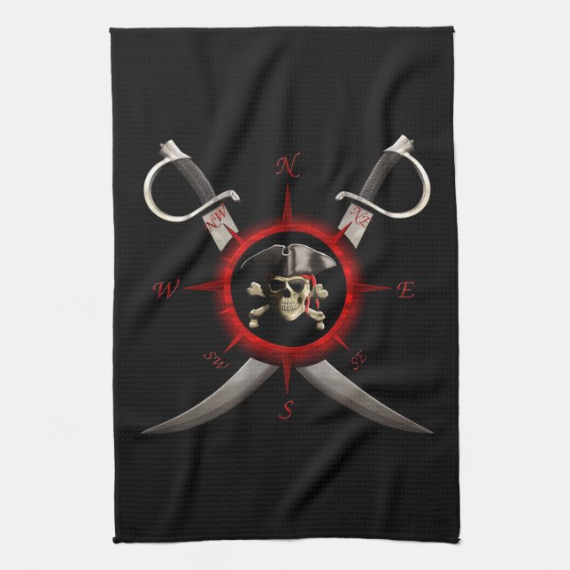 Pirate Skull Compass Rose Kitchen Towel (Vertical)