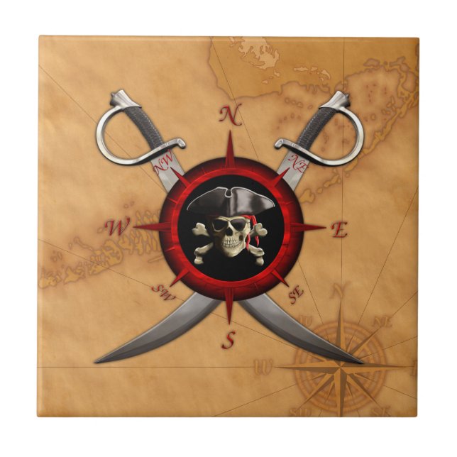 Pirate Skull Compass Rose Tile (Front)