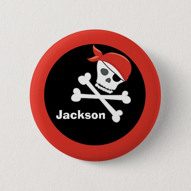 Pirate Skull Crossbones Black Red Monogram Kids 2 Inch Round Button (Front)