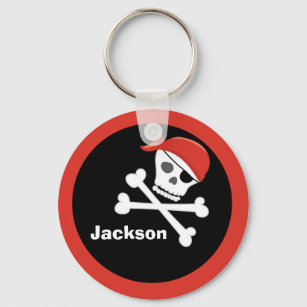 Pirate Skull Crossbones Black Red Monogram Kids Keychain