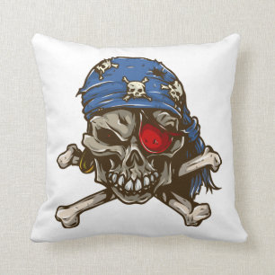 Pirate skull crossbones blue bandanna eye patch throw pillow