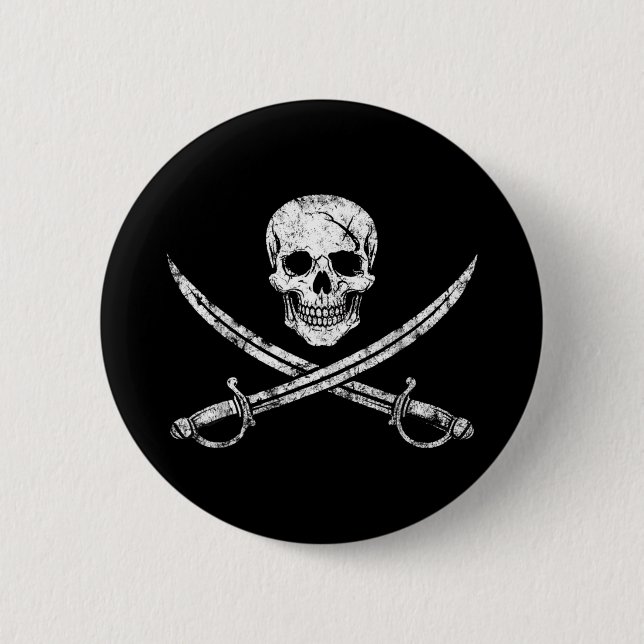Pirate skull crossbones cross sword jolly roger 2 inch round button (Front)