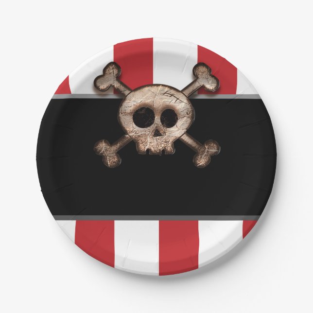 Pirate Skull & Crossbones Red White Birthday Party Paper Plate (Front)