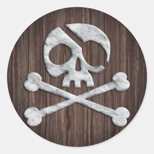 Pirate Skull & Crossbones Rustic Wooden Classic Round Sticker (Front)