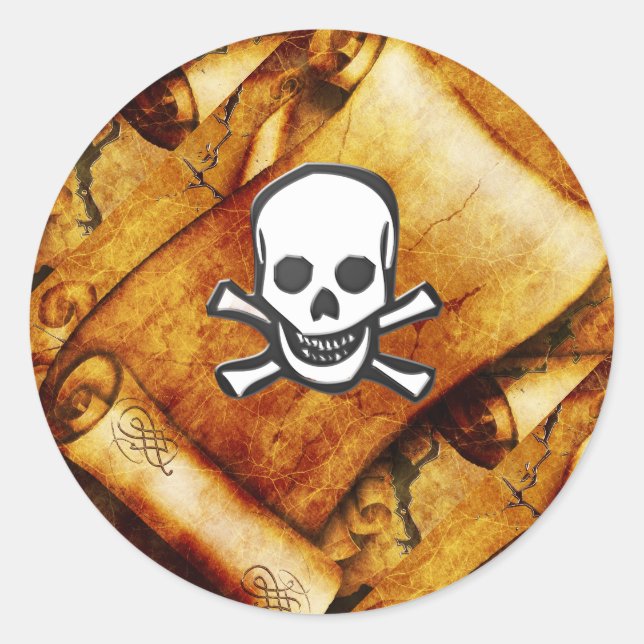 Pirate skull crossbones treasure map scroll classic round sticker (Front)