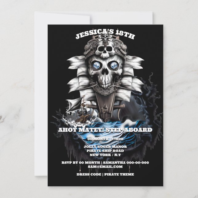 Pirate skull ghost ship ahoy matey theme invitation (Front)