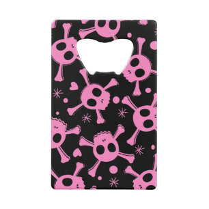 Pirate Skull: Girlish Hearts Pattern Credit Card Bottle Opener