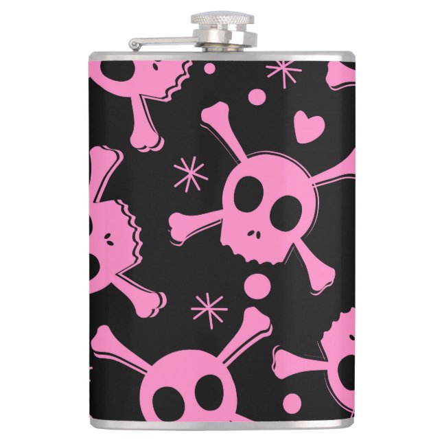 Pirate Skull: Girlish Hearts Pattern Hip Flask (Front)