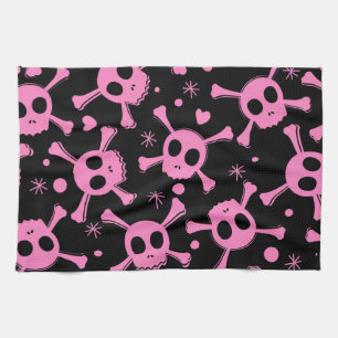 Pirate Skull: Girlish Hearts Pattern Kitchen Towel