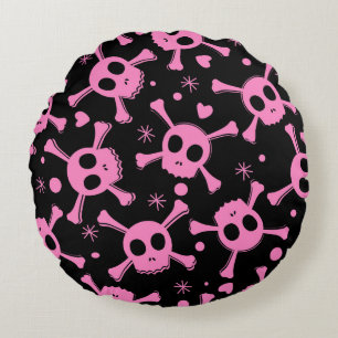 Pirate Skull: Girlish Hearts Pattern Round Pillow