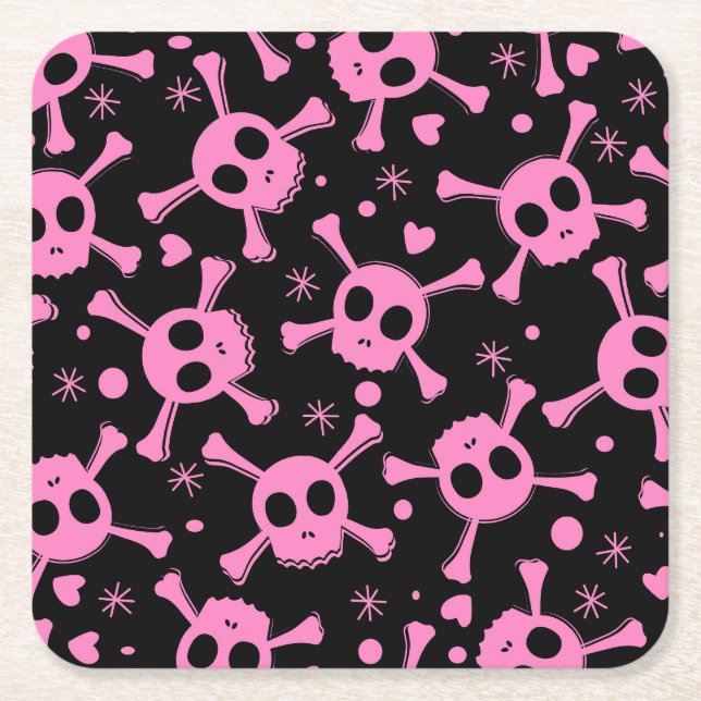 Pirate Skull: Girlish Hearts Pattern Square Paper Coaster (Front)