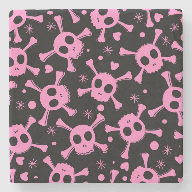 Pirate Skull: Girlish Hearts Pattern Stone Coaster (Front)