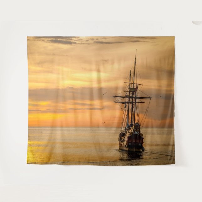 Pirate Skull Golden Ship Tapestry (Front (Horizontal))