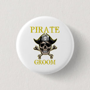 PIRATE SKULL GROOM GOLD 1 INCH ROUND BUTTON