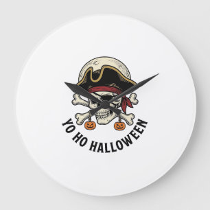 Pirate Skull Halloween Vintage Engraving White Shi Large Clock