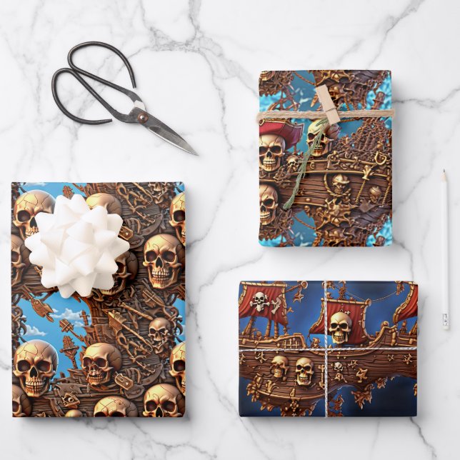 Pirate skull mutiny high seas pirates ship  wrapping paper sheet (Front)