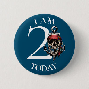 Pirate Skull Nautical Anchor BIRTHDAY NUMBER 2 Inch Round Button