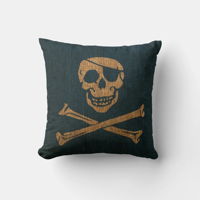 Pirate Skull Rustic Deep Sea Blue Throw Pillow (Front)