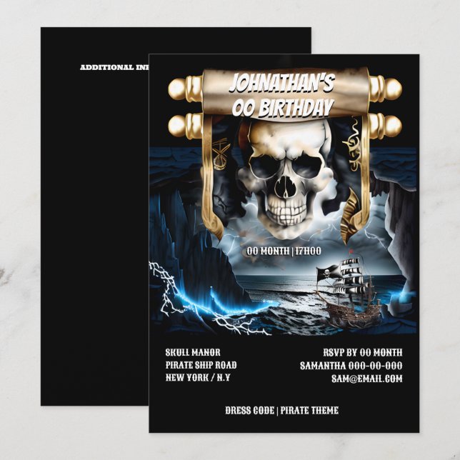 Pirate skull scroll ghost ship night storm sea invitation (Front/Back)