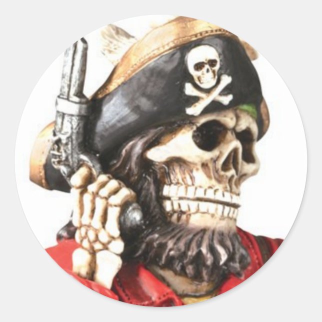 Pirate Skull w/ Pistol Classic Round Sticker (Front)