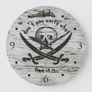 Pirate Skull Warning on Weathered Wood Large Clock