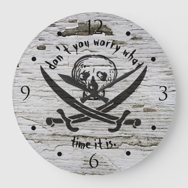 Pirate Skull Warning on Weathered Wood Large Clock (Front)