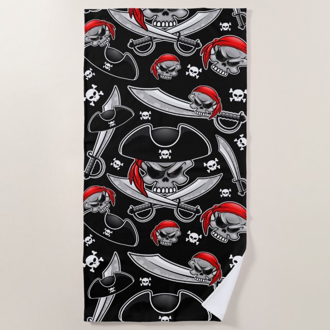 Pirate Skull with Crossed Sabres Beach Towel (Front)