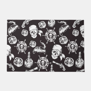 Pirate skulls black white pattern doormat