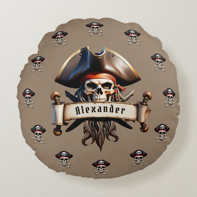 Pirate Skulls Personalize Round Pillow (Front)